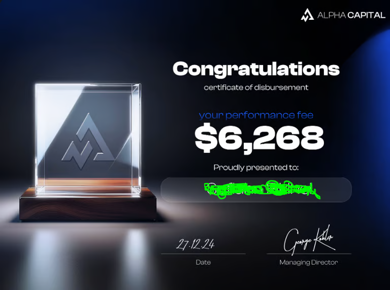 Alpha Capital $6,268 performance fee payout certificate