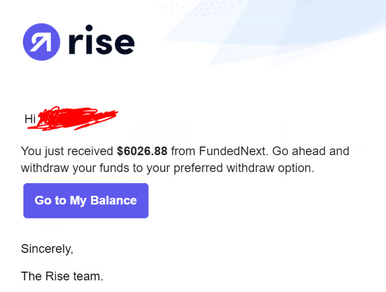 Rise dashboard showing $6,026.88 payout from FundedNext